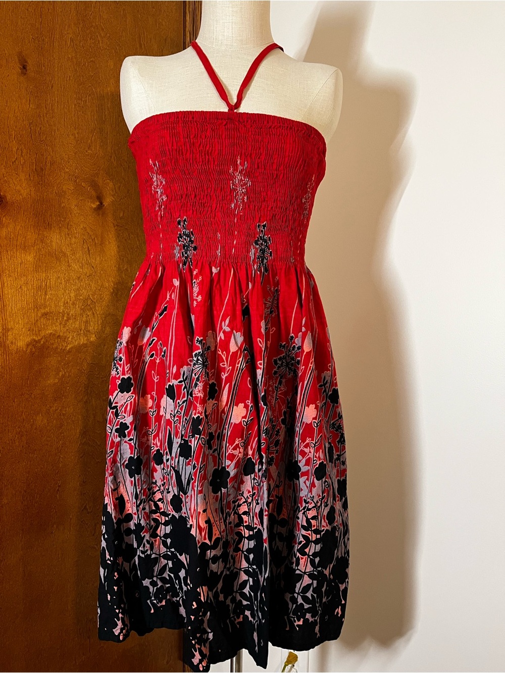 Y2K vintage Red Floral Smocked Halter Sundress